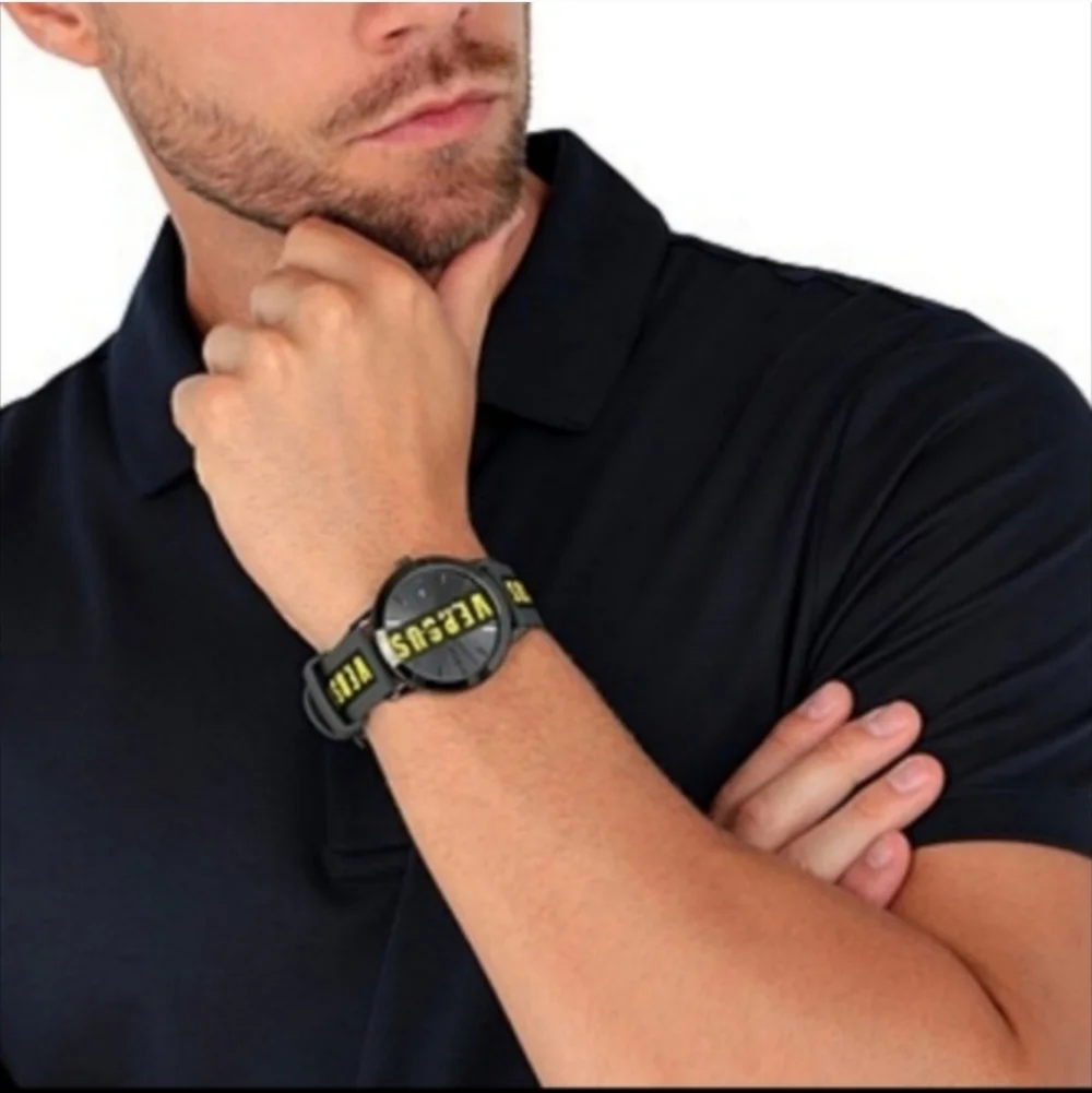 Versus Versace Mens Black & Yellow Logo Strap Watch New
